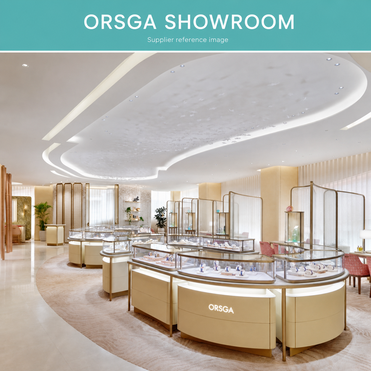 A luxury jewelry showroom interior with multiple curved display cases, glass cases, and gold-framed screens. The ORSGA brand name is visible on the front of the display cases and in a teal banner at the top reading 'ORSGA SHOWROOM'.