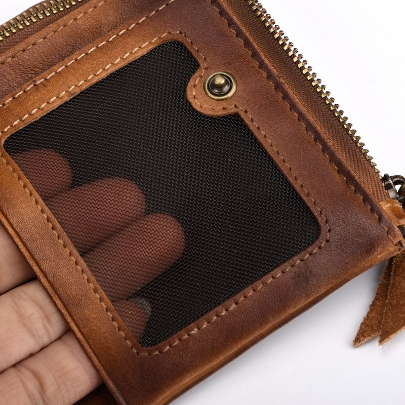 Vintage Leather Bifold Wallet with Zipper – Rustic Brown