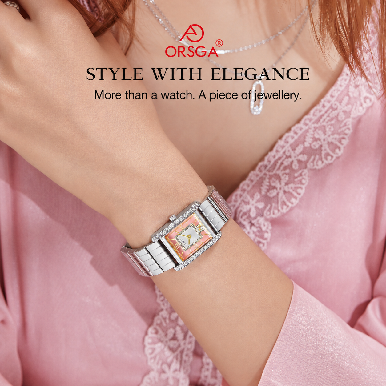 A woman wearing an ORSGA rectangular silver-tone watch with a rhinestone-encrusted bezel and a peach-colored dial, styled with a matching necklace and pink lace-trim clothing. The brand logo and slogan 'STYLE WITH ELEGANCE' are displayed on the image.