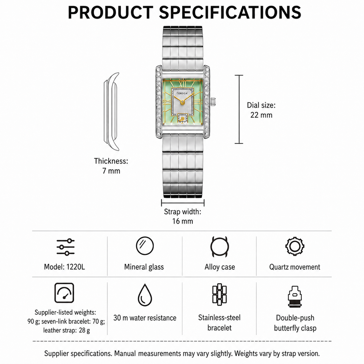 Product specifications diagram for a women's stainless steel watch, showing a front view with dimension labels for thickness, strap width, dial size, and a side profile view. Below, feature icons list details such as model 1220L, mineral glass, alloy case, quartz movement, 90 g weight, leather strap, 30 m water resistance, stainless steel bracelet, and double-push butterfly clasp.