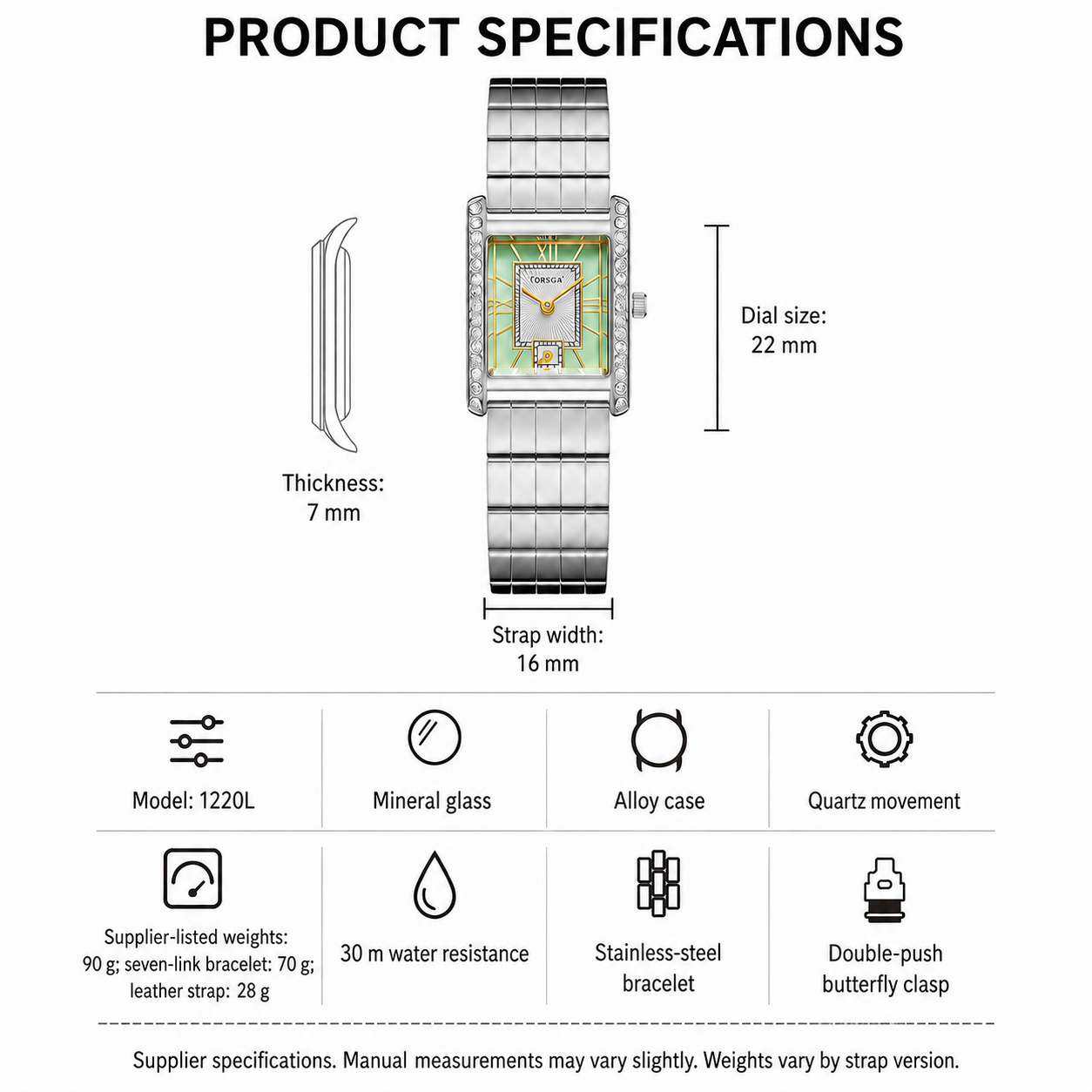 Product specifications diagram for a women's stainless steel watch, showing a front view with dimension labels for thickness, strap width, dial size, and a side profile view. Below, feature icons list details such as model 1220L, mineral glass, alloy case, quartz movement, 90 g weight, leather strap, 30 m water resistance, stainless steel bracelet, and double-push butterfly clasp.