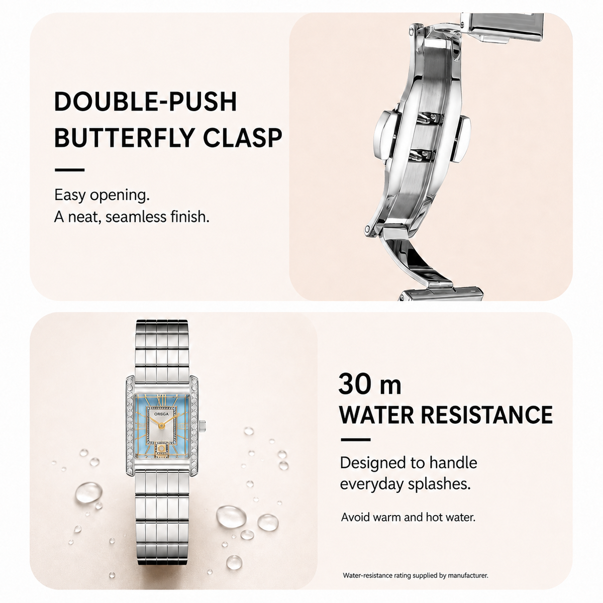 Promotional graphic for a stainless steel watch with a double-push butterfly clasp and 30m water resistance, showing close-up views of the clasp and the watch face on a light beige background with text callouts.