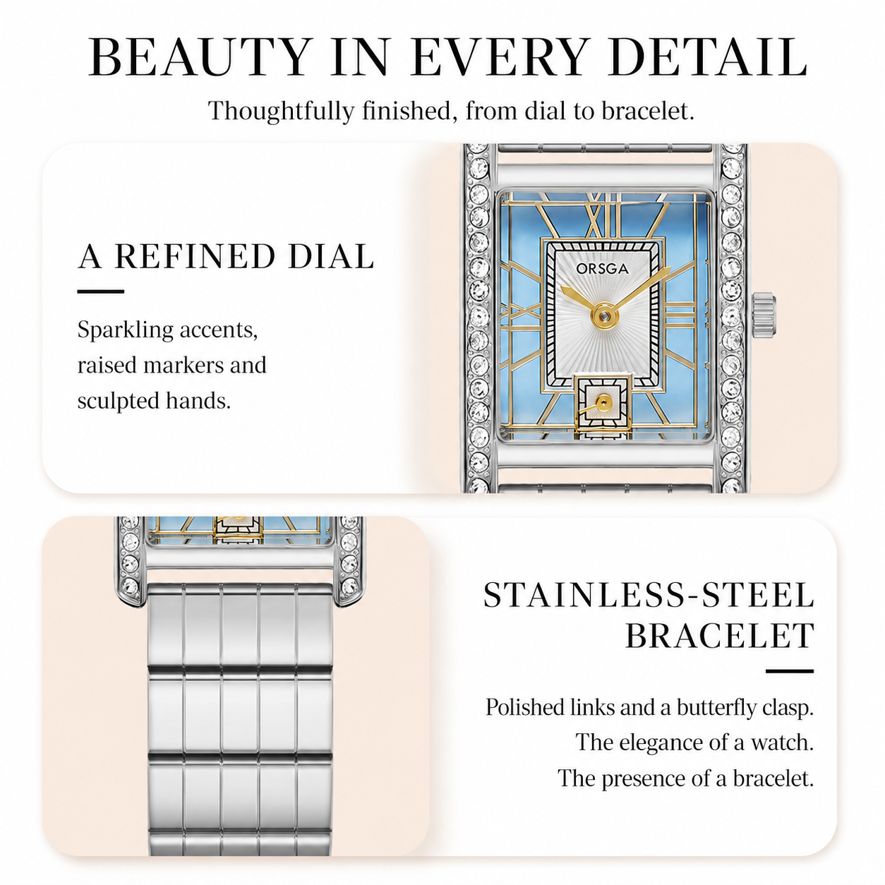 Promotional graphic for an Omega watch with text callouts describing a refined dial and stainless-steel bracelet, alongside close-up product views on a light beige background.