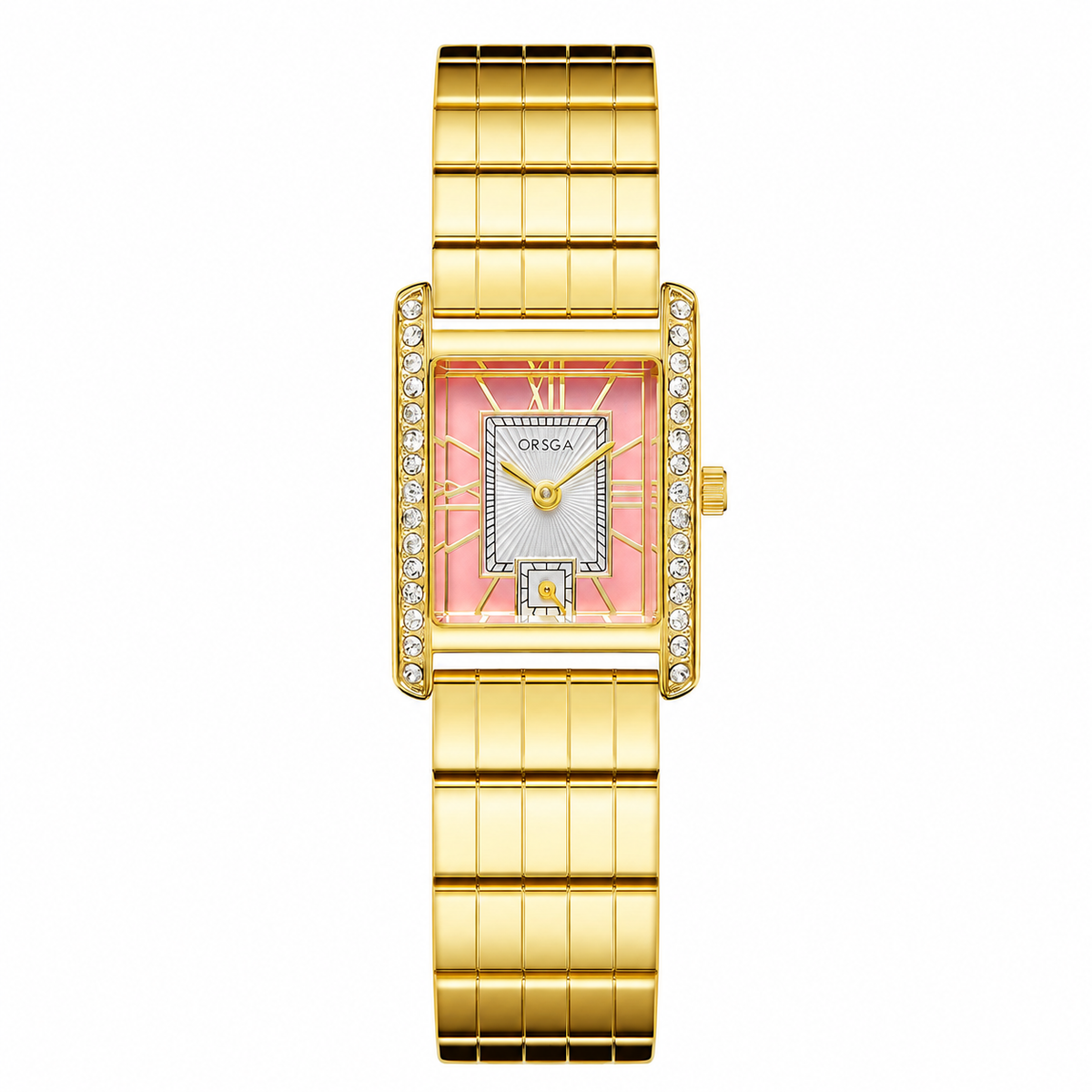 A gold-tone rectangular wristwatch with a pink dial, crystal-embellished bezel, and a gold link bracelet, shown on a plain white background.
