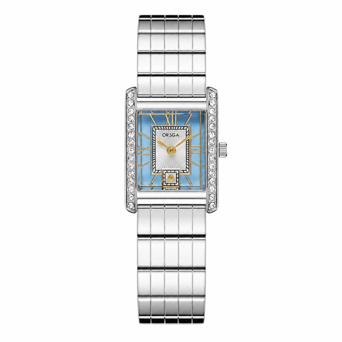 A women's rectangular analog watch by Orsaga, featuring a silver-tone metal link bracelet, crystal-embellished bezel, and a light blue dial with gold-tone details.