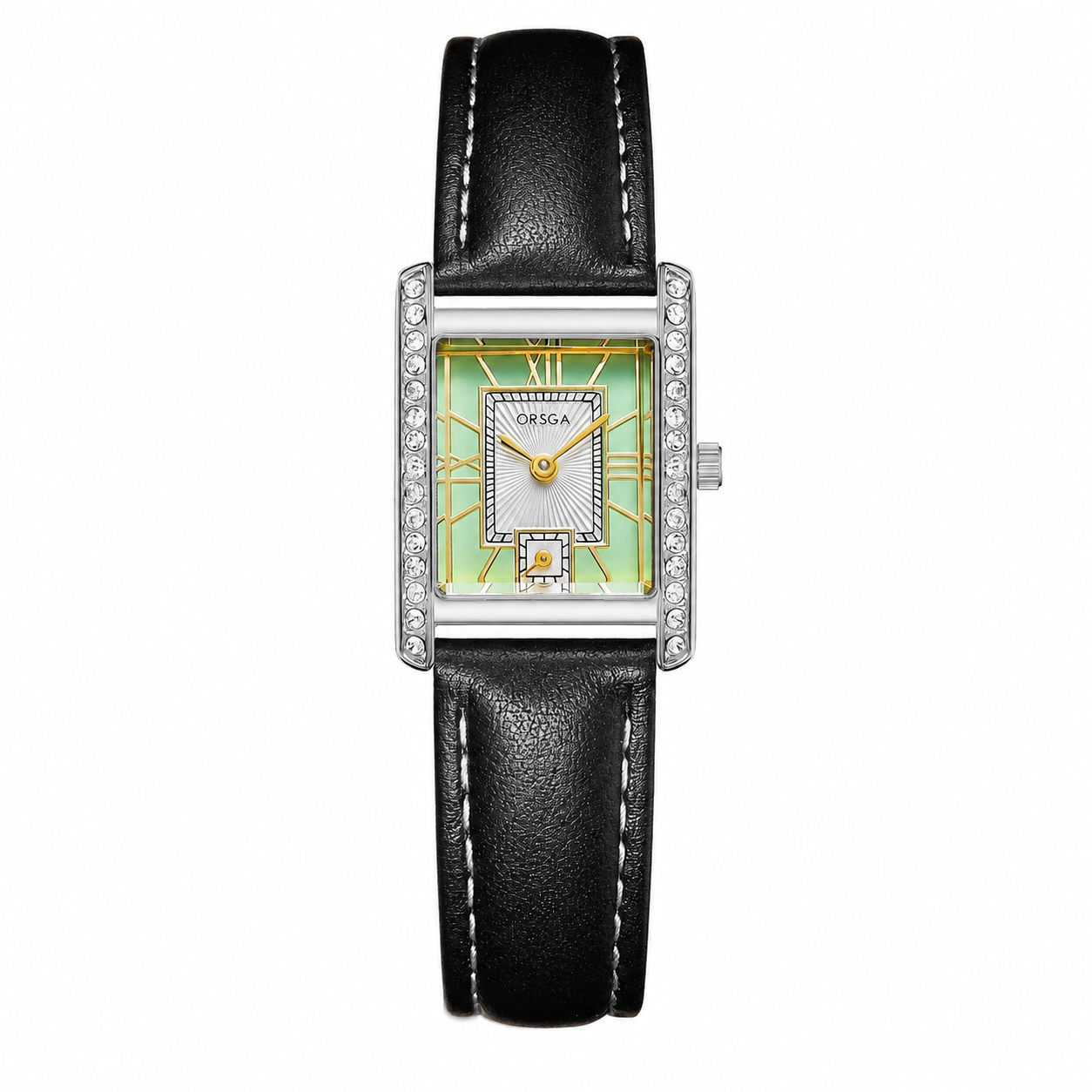 A women's rectangular wristwatch with a black leather strap, silver-tone case, crystal-embellished bezel, and a yellow-green dial with gold hands.