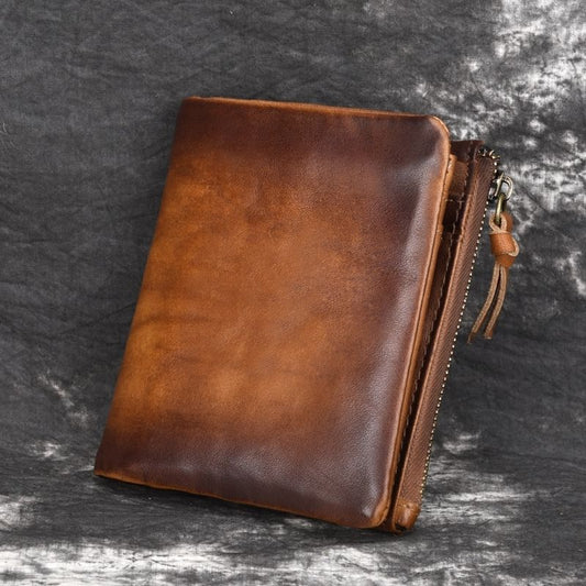 Vintage Leather Bifold Wallet with Zipper – Rustic Brown