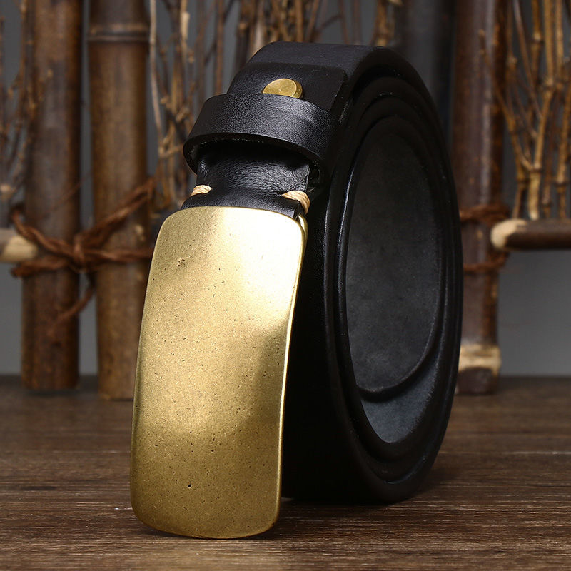 Vintage Brass Buckle Leather Belt-100% Full-Grain Cowhide Leather
