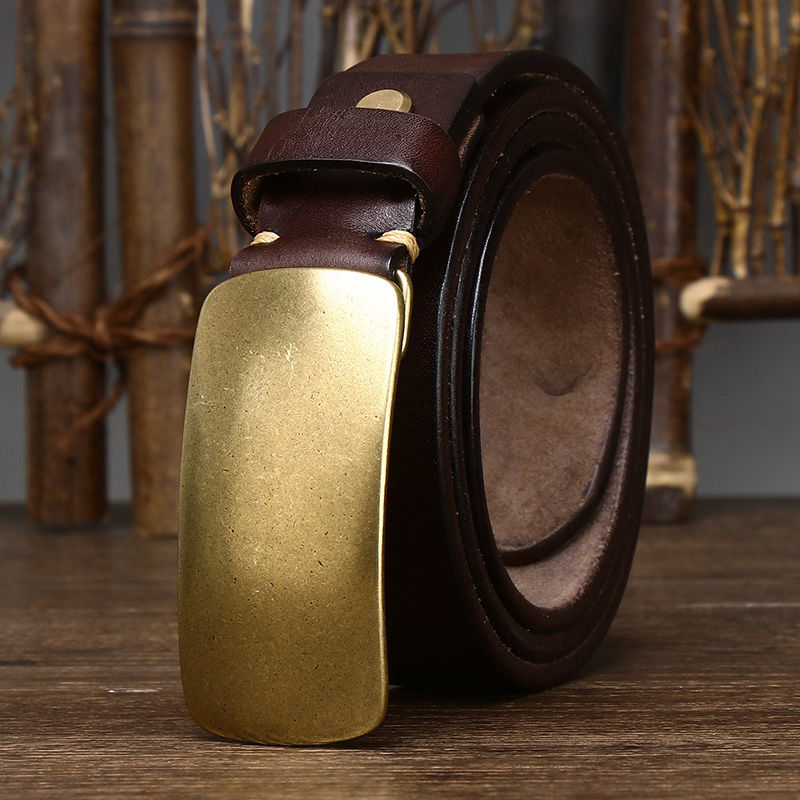 Vintage Brass Buckle Leather Belt-100% Full-Grain Cowhide Leather
