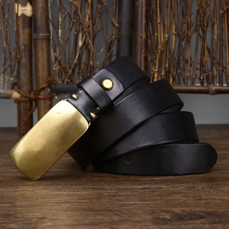 Vintage Brass Buckle Leather Belt-100% Full-Grain Cowhide Leather