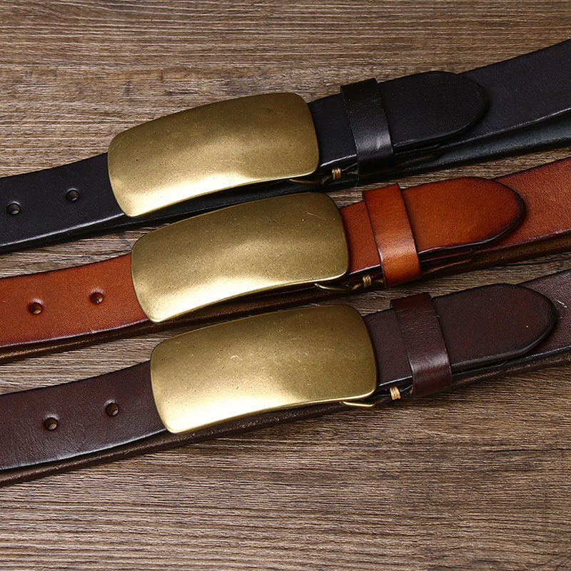 Vintage Brass Buckle Leather Belt-100% Full-Grain Cowhide Leather