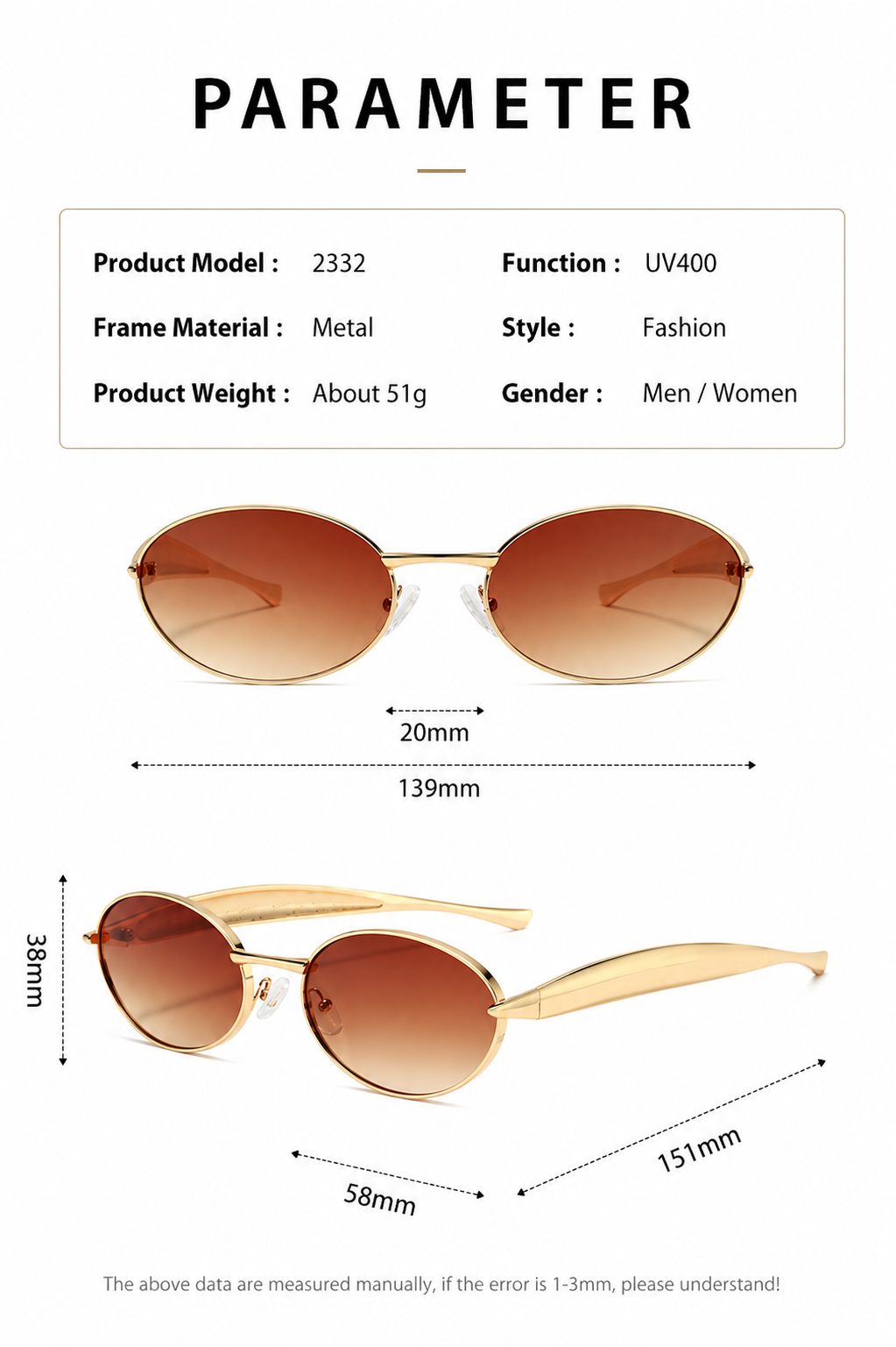BV Aurora Slim Oval Sunglasses | Vintage Metal Frame UV400