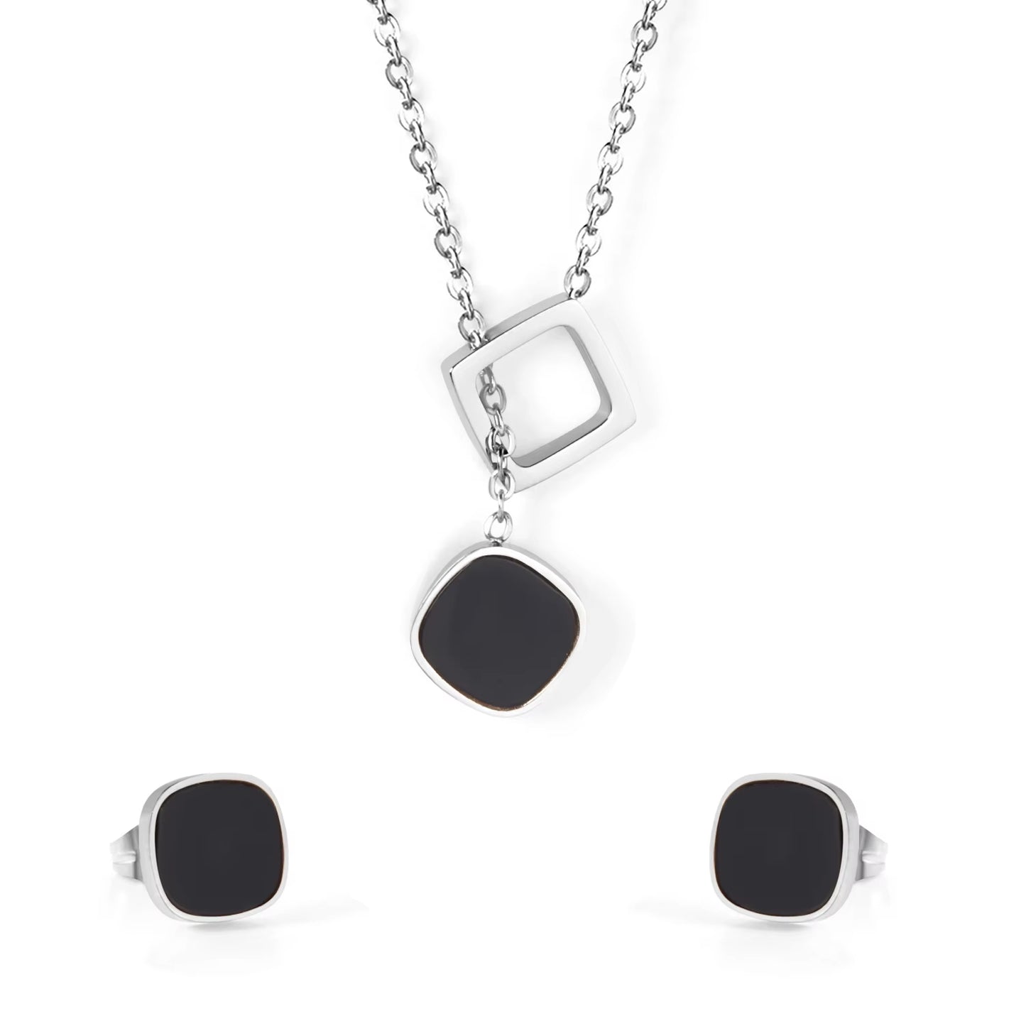 Modern Cube Jewelry Set – Stainless Steel Pendant Necklace & Earrings