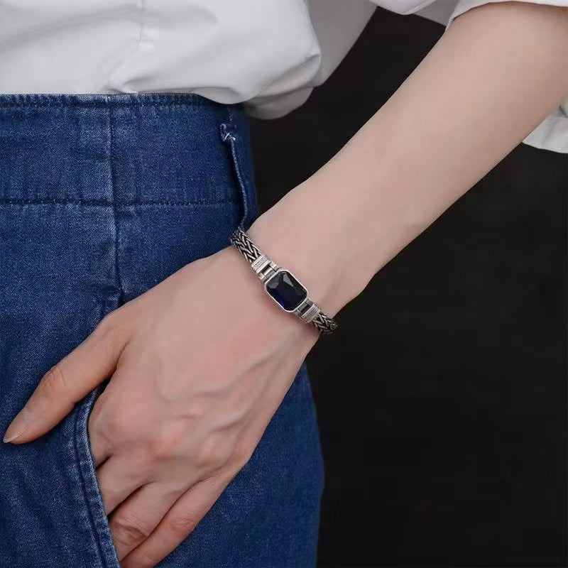 Retro-Style Men's Bracelet with Blue Stone