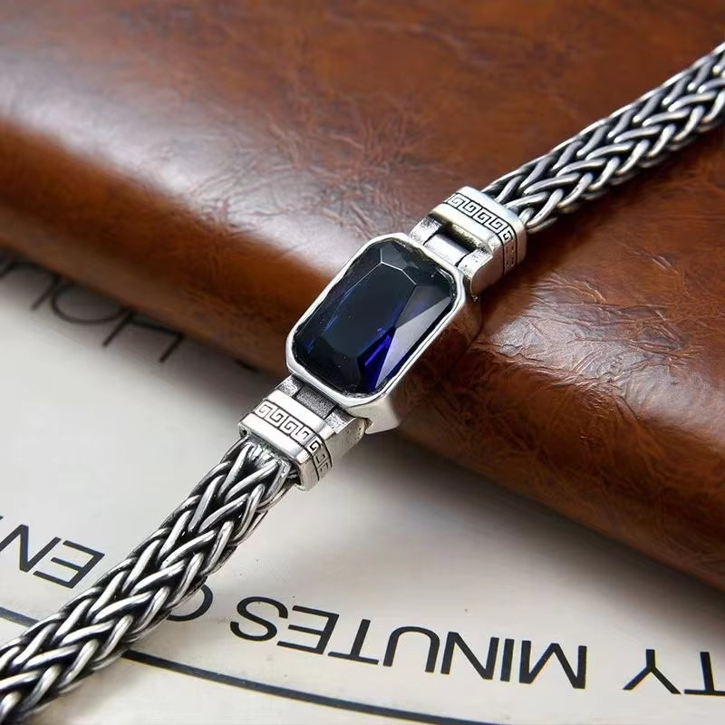 Retro-Style Men's Bracelet with Blue Stone