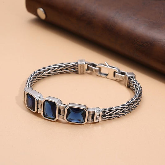 Retro-Style Men's Bracelet with Blue Stone