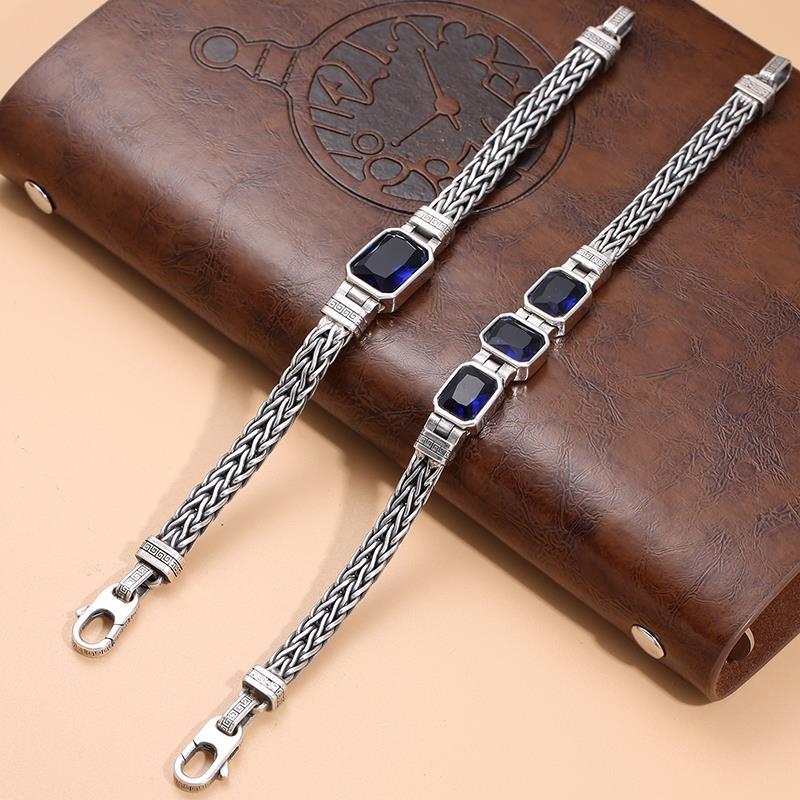 Retro-Style Men's Bracelet with Blue Stone