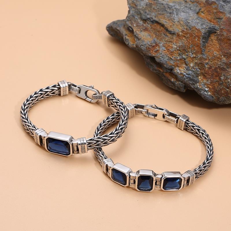 Retro-Style Men's Bracelet with Blue Stone