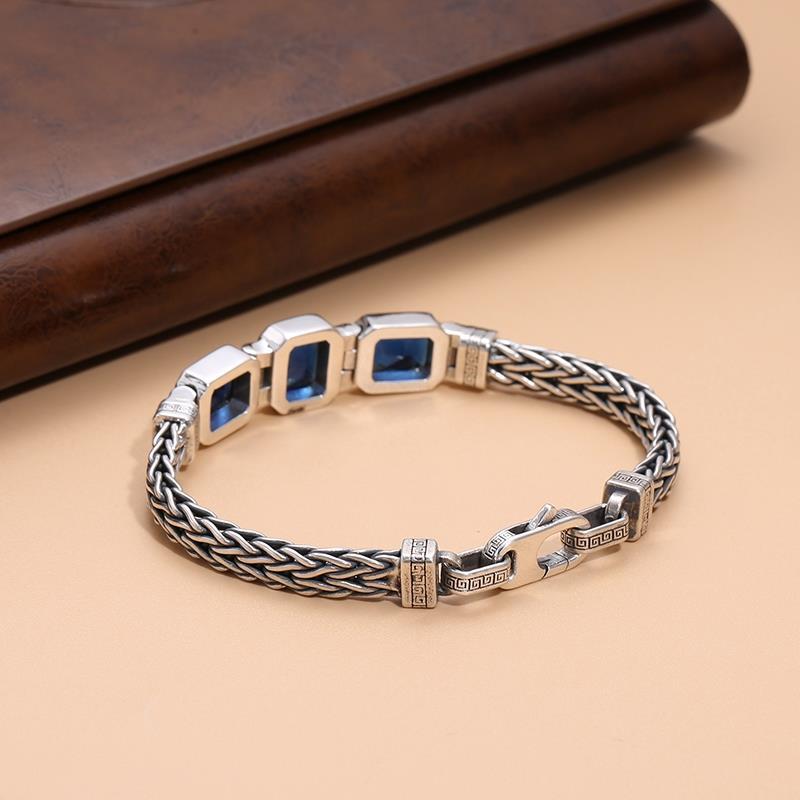 Retro-Style Men's Bracelet with Blue Stone