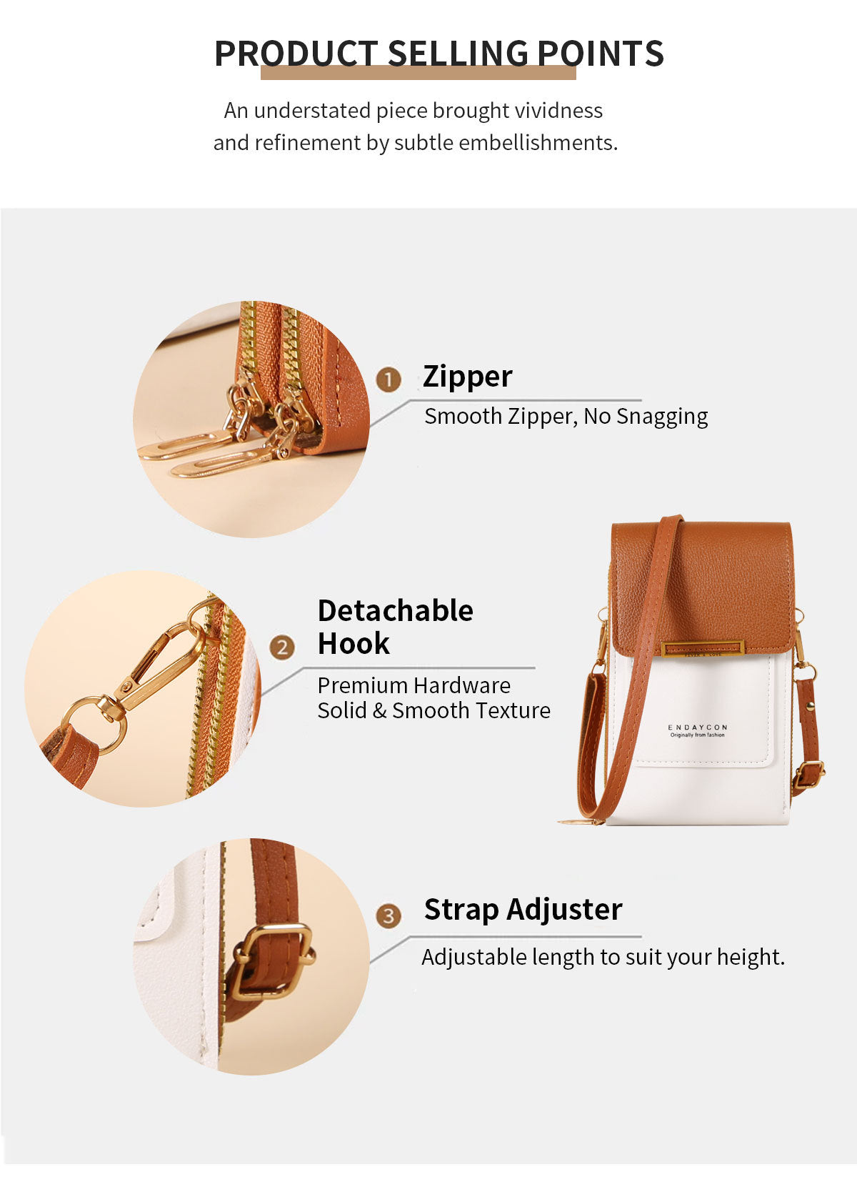 A product selling points infographic for a small crossbody bag. The graphic features three circular detail callouts highlighting the smooth zipper, detachable hook, and strap adjuster, alongside a main product photo of a white and brown bag on a light gray background.