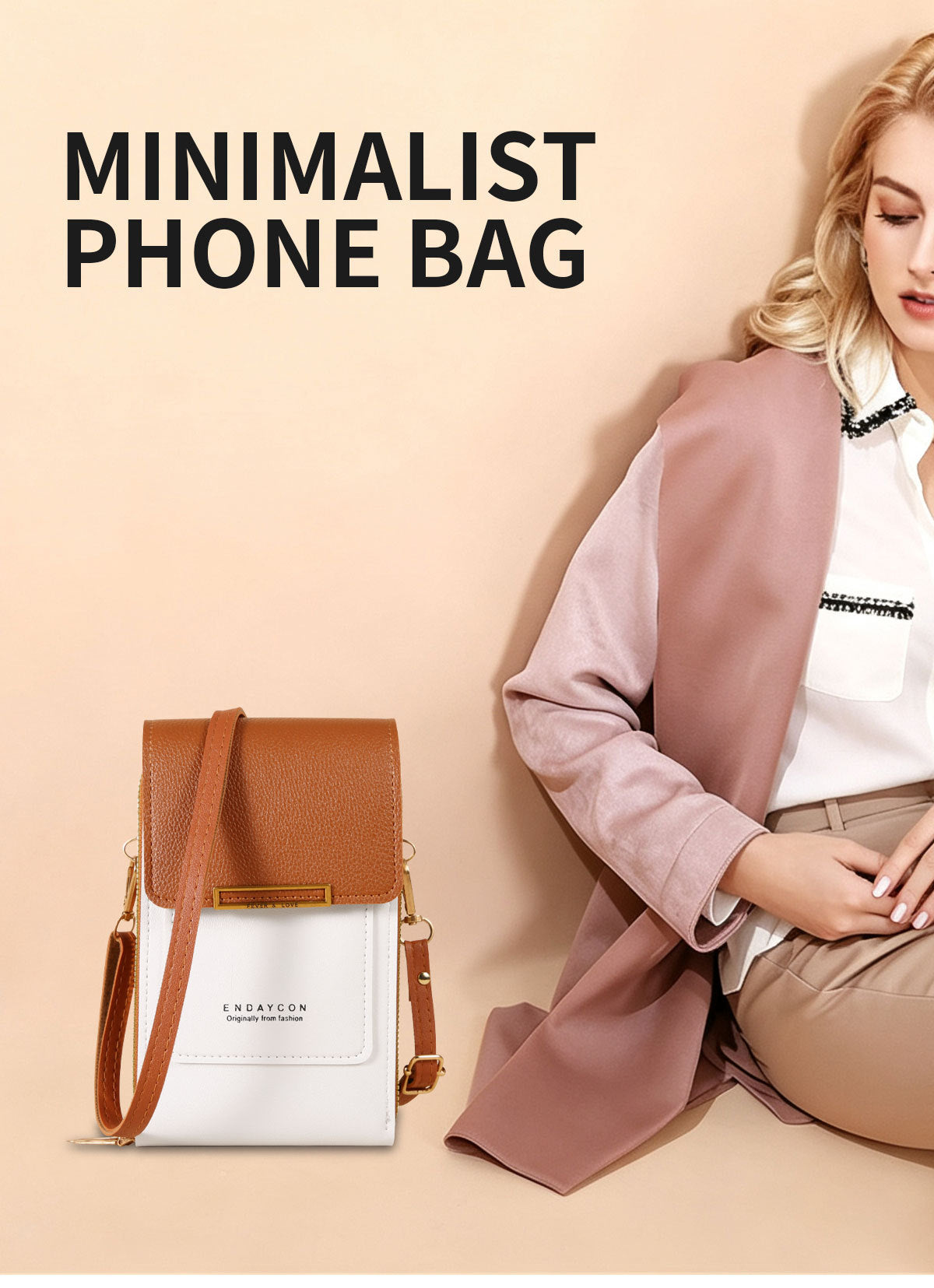 A woman in a pink blazer and white shirt sits beside a white and brown minimalist phone bag with a shoulder strap on a beige background. Large text reads 'MINIMALIST PHONE BAG'.