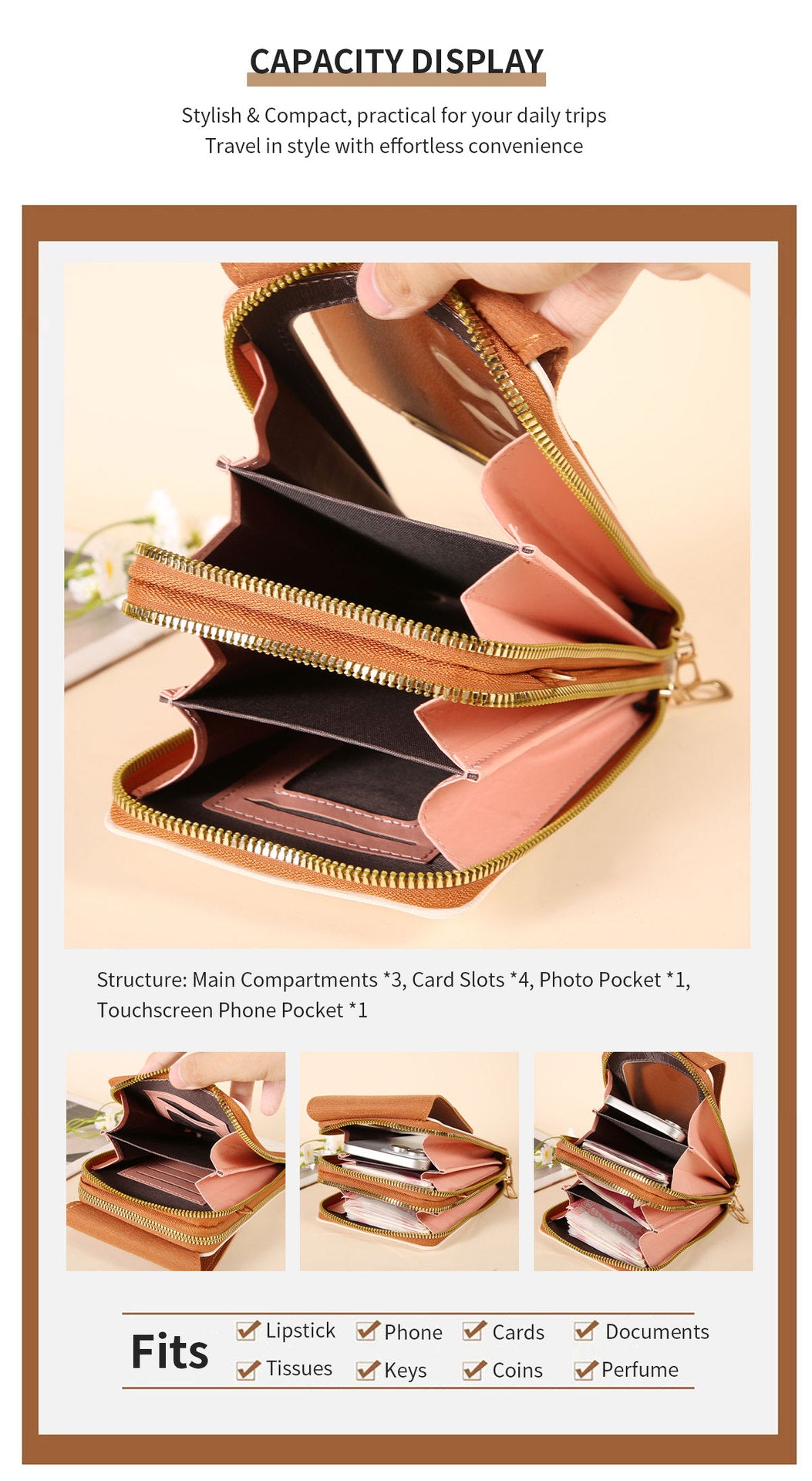 A beige and pink bi-fold wallet with gold zippers, shown open to display its multiple card slots, phone pocket, and tissue compartments. The image includes text overlays detailing the wallet's capacity and fit.
