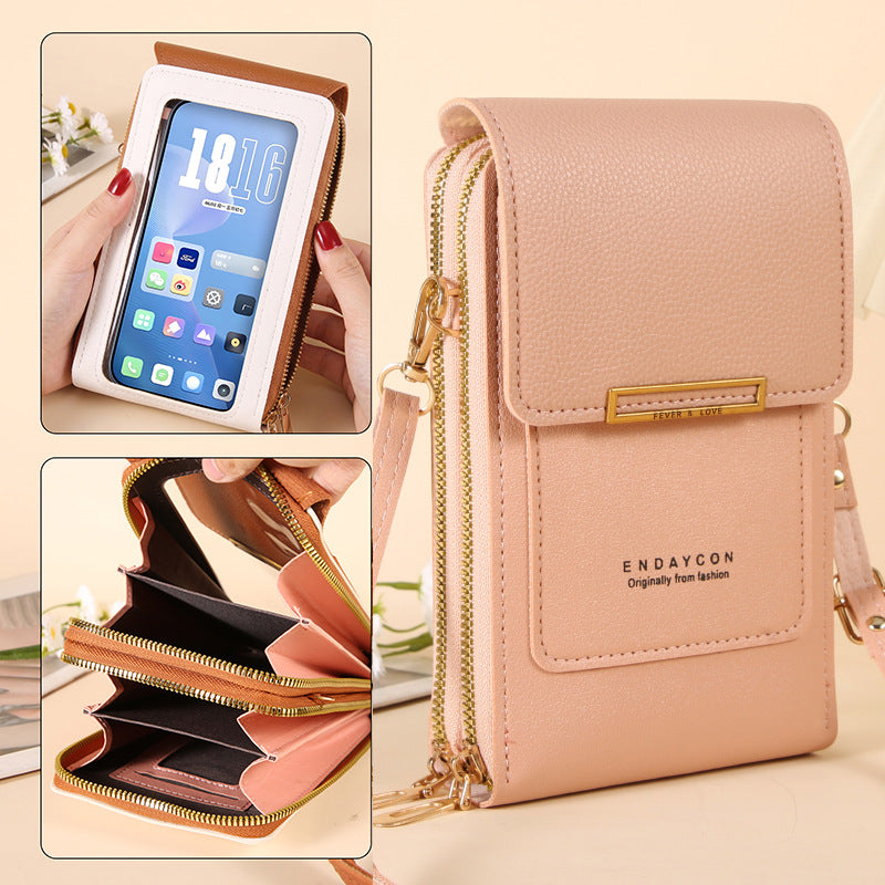 A peach-pink pebbled faux-leather crossbody phone wallet case with gold-tone zippers and hardware. The main panel shows the brand name 'ENDAYCON' printed in black.
