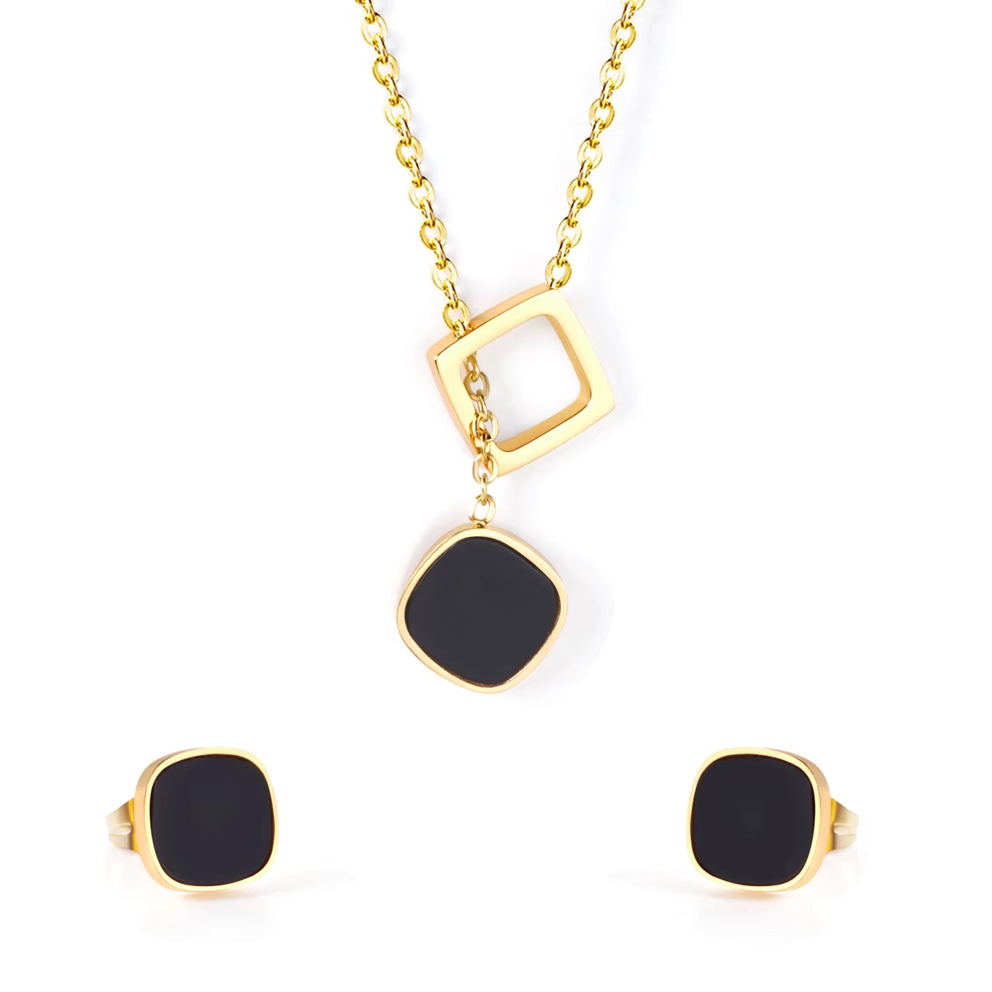 Modern Cube Jewelry Set – Stainless Steel Pendant Necklace & Earrings