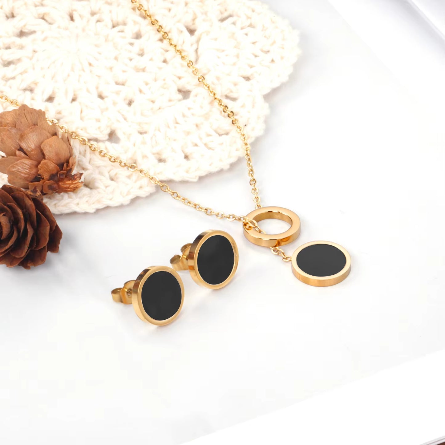 Modern ROUND SHAPE Cube Jewelry Set – Stainless Steel Pendant Necklace & Earrings