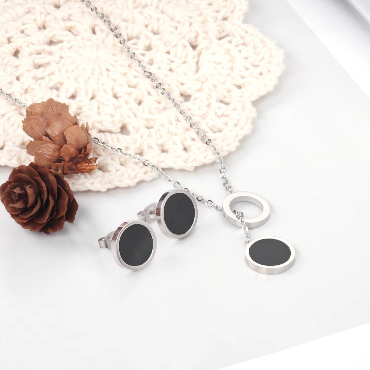 Modern ROUND SHAPE Cube Jewelry Set – Stainless Steel Pendant Necklace & Earrings