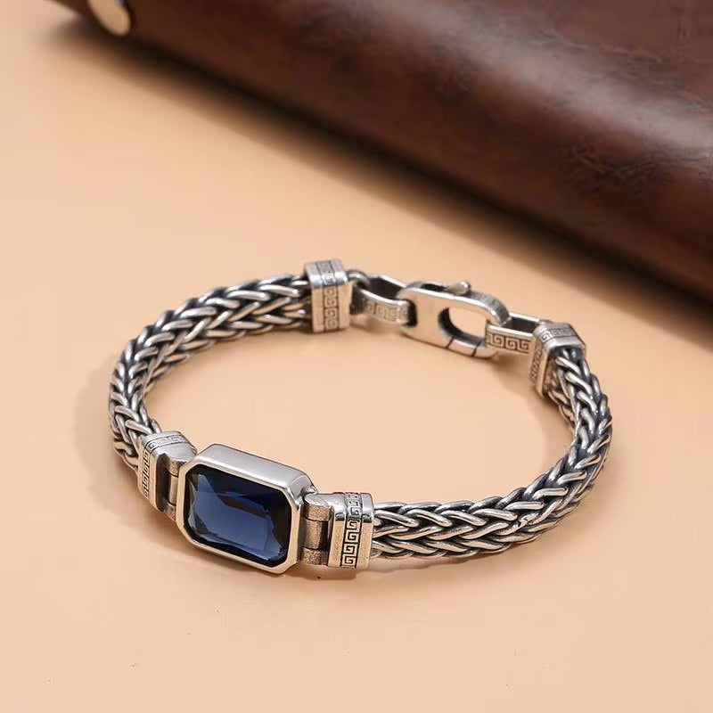 Retro-Style Men's Bracelet with Blue Stone