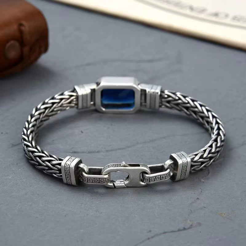 Retro-Style Men's Bracelet with Blue Stone
