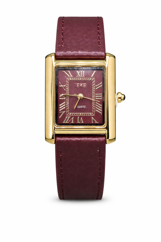 IEKE VINTAGE Wine Dial Leather Watch