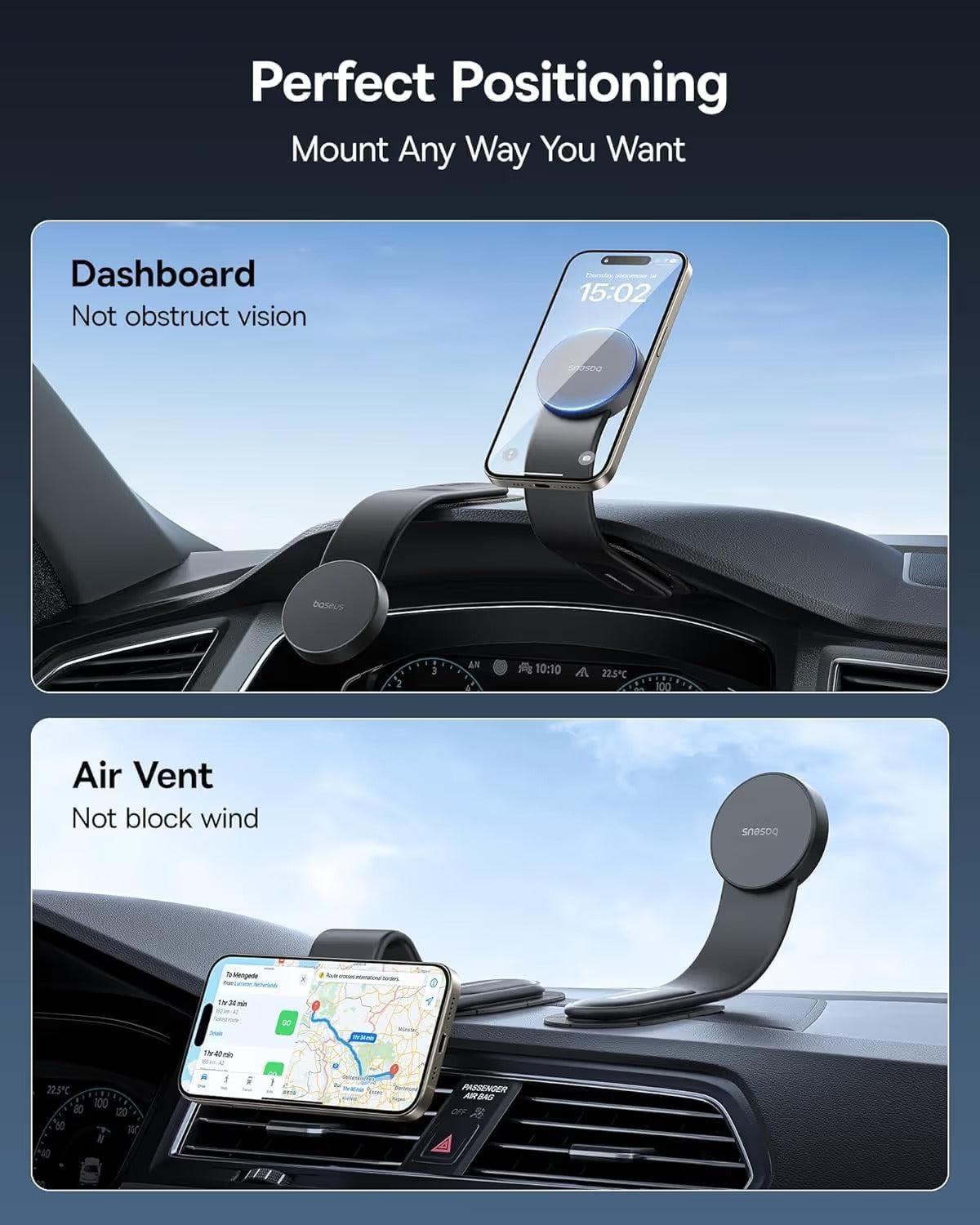 MagSafe Car Mount – 25N Strong Magnetic Phone Holder with Bendable Memory Titanium Alloy, 360° Rotation & 3M Adhesive Dashboard Mount