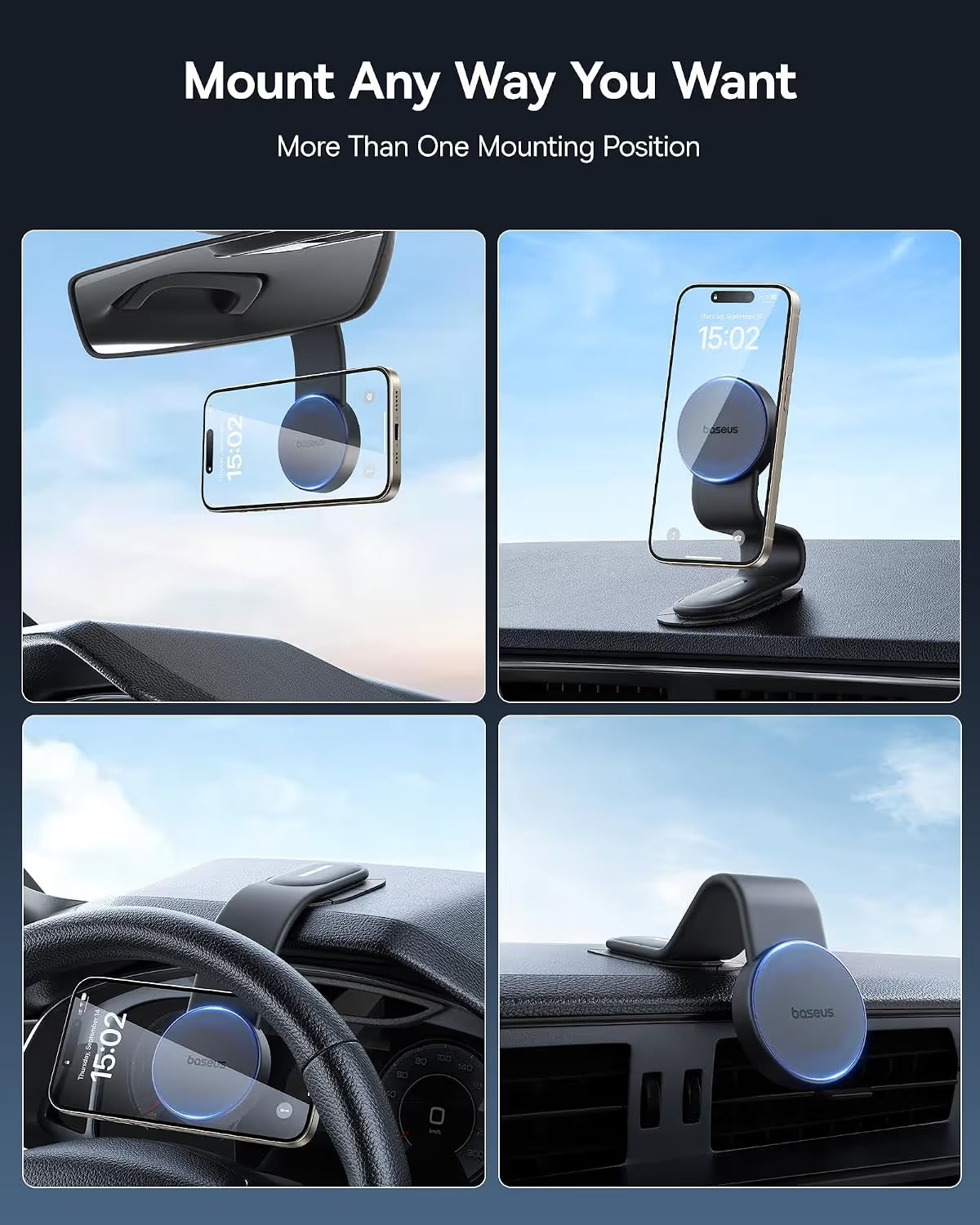 MagSafe Car Mount – 25N Strong Magnetic Phone Holder with Bendable Memory Titanium Alloy, 360° Rotation & 3M Adhesive Dashboard Mount