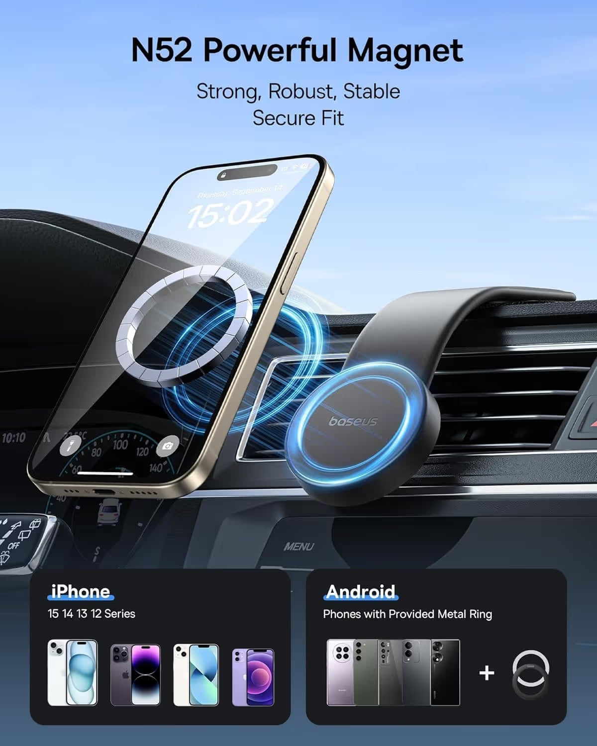 MagSafe Car Mount – 25N Strong Magnetic Phone Holder with Bendable Memory Titanium Alloy, 360° Rotation & 3M Adhesive Dashboard Mount