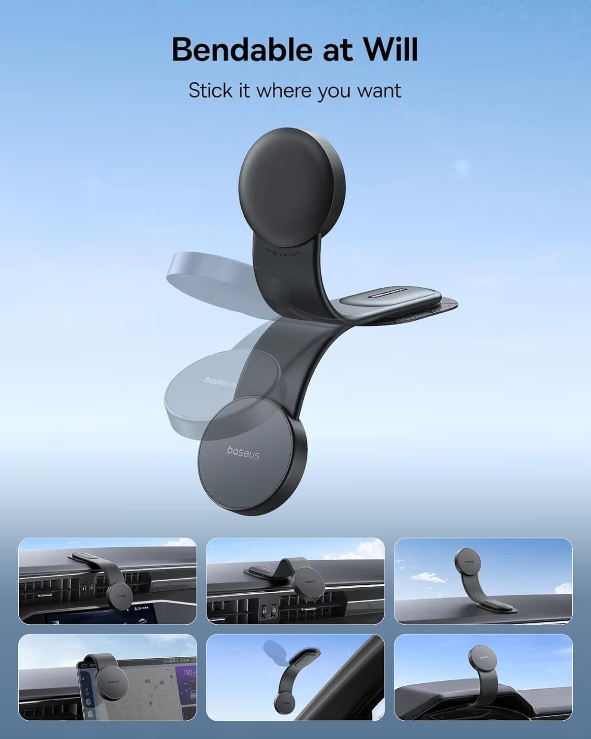 MagSafe Car Mount – 25N Strong Magnetic Phone Holder with Bendable Memory Titanium Alloy, 360° Rotation & 3M Adhesive Dashboard Mount