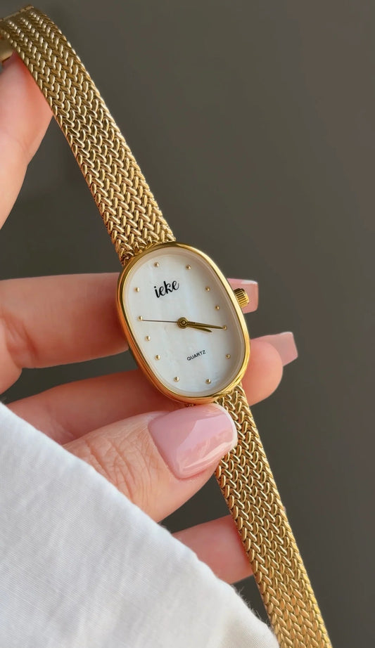 IEKE Pearl Oval Gold Mesh Watch